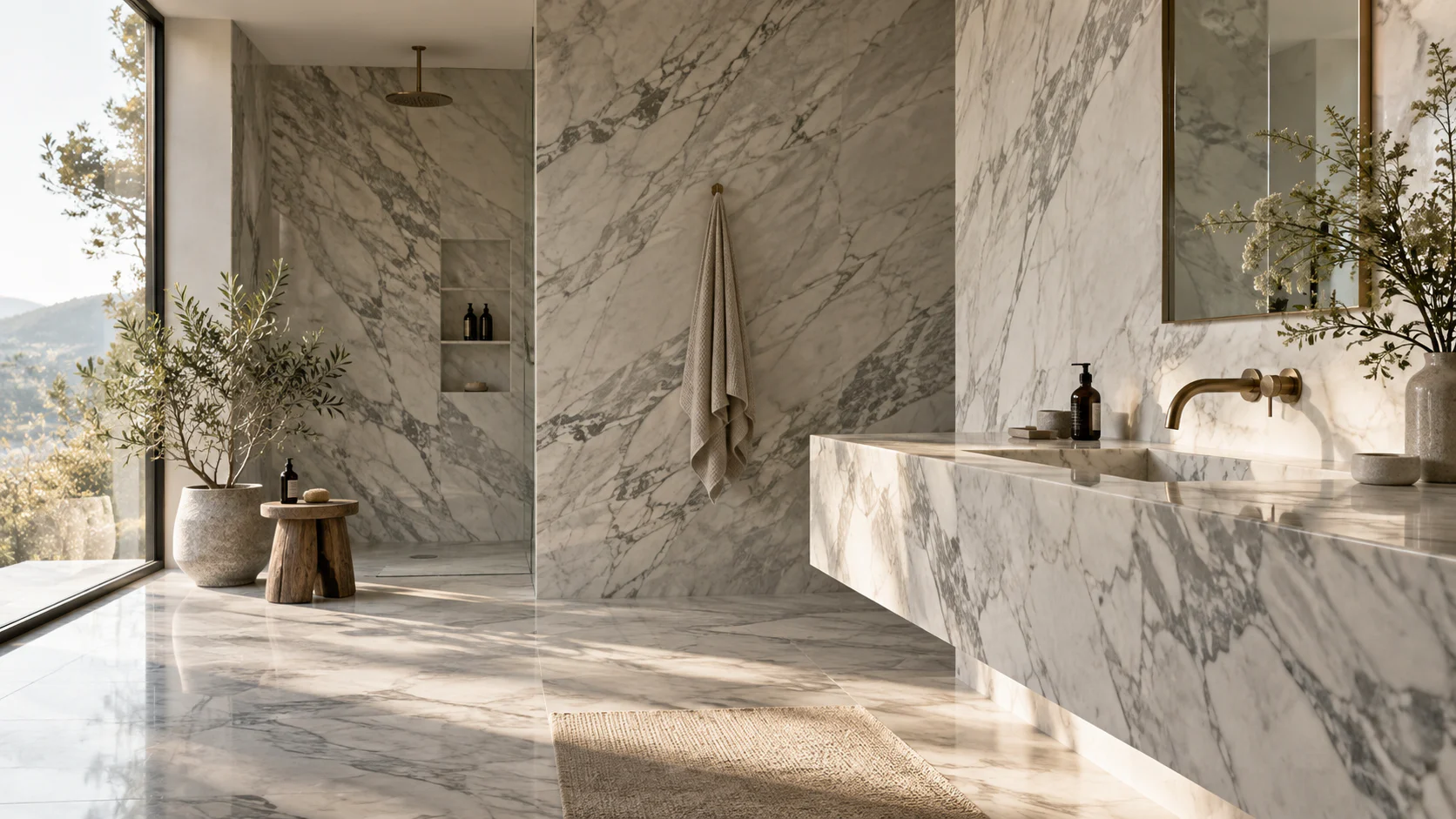 Beyaz mermer yüzeylerle tasarlanmış çağdaş banyo