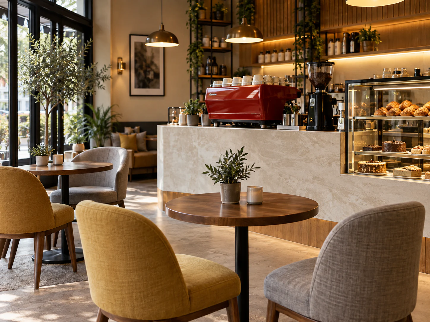 Kahve barı, tatlı vitrini ve küçük masalarıyla sıcak bir kafe iç mekânı